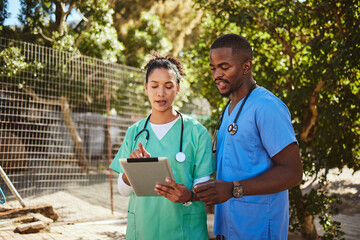 Doctors, tablet or diversity healthcare vet consulting for teamwork, medical or planning innovation...