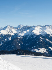 Fototapeta na wymiar Panoramic view in winter in resort Ladis, Fiss, Serfaus in ski resort in Tyrol.