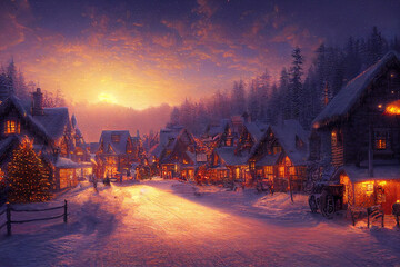 winter christmas evening in the village painting 