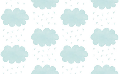 Hand Drawn Baby Shower Seamless Vector Pattern. Irregular Pastel Blue Clouds and Hearts on a White Background. Cute Simple Cloudy Sky Repeatable Design ideal for Fabric, Textile. 