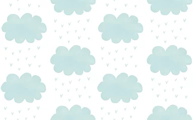 Deurstickers Hand Drawn Baby Shower Seamless Vector Pattern. Irregular Pastel Blue Clouds and Hearts on a White Background. Cute Simple Cloudy Sky Repeatable Design ideal for Fabric, Textile.  © Magdalena