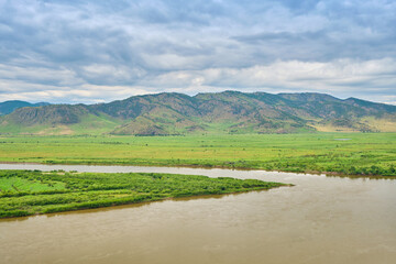 View of the Selenga River from Mount Omulevaya near the city of Ulan-Ude, Republic of Buryatia, Russia.