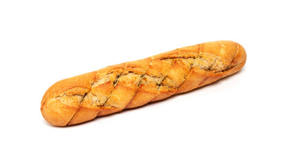 Freshly baked crispy French bread baguette with garlic butter and herbs isolated on a white background
