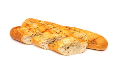 Freshly baked crispy French bread baguette with garlic butter and herbs isolated on a white...