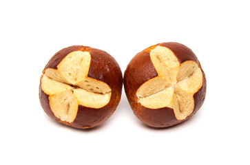 Freshly baked traditional German laugenbrot. Bavarian homemade pretzel rolls lye bread, close-up, isolated on white background