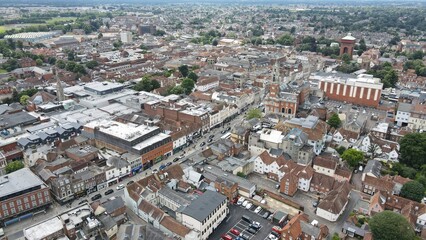 Fototapeta na wymiar Colchester City centre shops and houses Essex UK drone aerial view