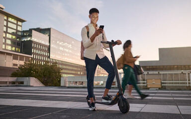 Scooter, man with smartphone and sustainable city travel, eco friendly transport and college commute sustainability. University student, town at night and social media on phone with electric scooter