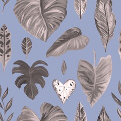 Tropical plant pattern. Seamless background of different tropical leaves. Hand-drawn	