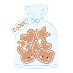Set of cute cookies in kawaii style of plastic bag. Merry Christmas. New year. Rabbit, bear, tree, stars, hearts.