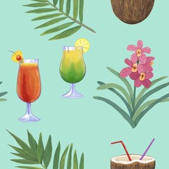 Seamless pattern of tropical leaves and cocktails. Tropical bright background. Hand-drawn