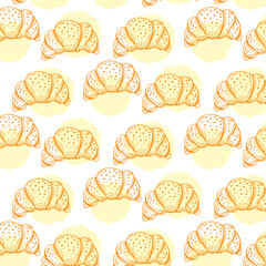 Pattern with tasty fresh crunchy croissants in simple cartoon style. Background for design menu cafe, bistro, restaurant, label and packaging. Vector repeat food background.