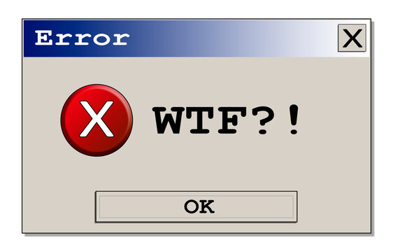 Isolated computer error box with the word WTF. Original design.
