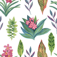 A pattern of tropical plants. Seamless background of various tropical leaves and flowers. Hand-drawn