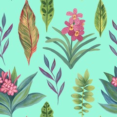 A pattern of tropical plants. Seamless background of various tropical leaves and flowers. Hand-drawn	