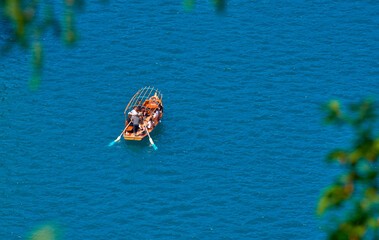 Aerial view on the boat on Bled lake, Slovenia