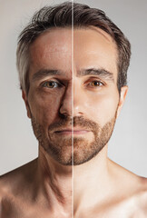 Closeup portrait of mature man in two age stages. Maturity and old age. Face skin and hair aging process. Appearance of wrinkles and sagging skin. Before and after concept. Collage
