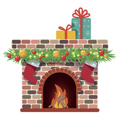 Brick fireplace decorated with fir branches and Christmas toys, glowing lanterns, gift boxes and burning fire. vector new year isolated illustration in cartoon style.
