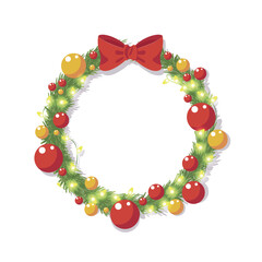 isolated vector illustration of christmas tree wreath with christmas balls, glowing garland and red bow in cartoon style. frame for text