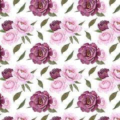 Watercolor seamless pattern with pink peony flower