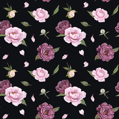 Watercolor seamless pattern with pink peony flower and petals