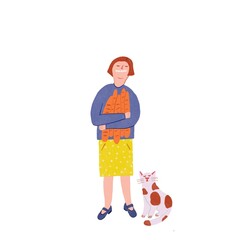 Smiling cartoon woman with bread and a cat