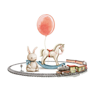 Watercolor vintage Christmas cute toy rocking horse animal, air rubber balloon on rope, children's railway with train and plush rabbit isolated on white background. Hand drawn illustration sketch