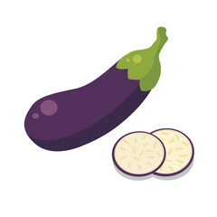 Vector illustration of eggplant and its slices isolated on a white background, designed in a flat style. Purple eggplant vector. Cute cartoon style purple eggplant design.