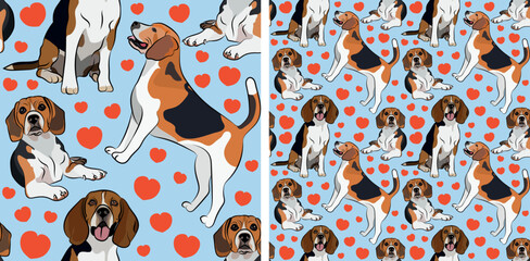 Pattern design with several Beagle dogs, funny doodles, and seamless pattern. T-shirt textile, wallpaper, wrapping paper, background graphic design with hearts on a blue background. Valentine's Day.