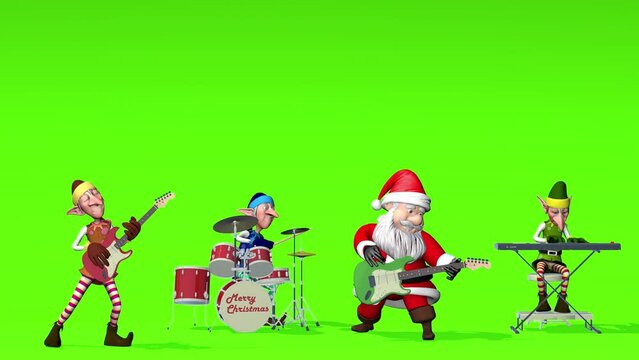 Funny Santa Claus and elfs play musical instruments on green screen. The concept of Christmas and New Year. Seamless Loop Christmas animation.