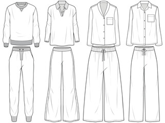pyjama set flat sketch vector illustration mens loungewear shirt and pant technical cad drawing template