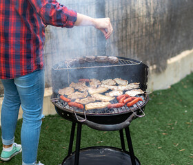 Typical Spanish barbecue, Bacon, chorizo, black pudding, pork chop, etc.
