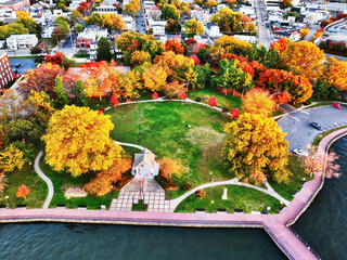 Aerial View of a Delaware Riverfront Park in Fall Colors