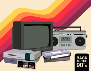 90s vintage equipment. TV, console, boombox and videotapes. Inscription back to the 90s. Vintage colors vector image.