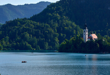 View on the island with the Church of the Assumption on Bled lake, Slovenia