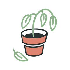 Withered tired fading flower or plant in a pot. Illustration in vector outline style, sadness, depression, anxiety. Fallen leaf, diseased plant.