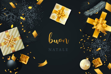 biglietto o striscione per augurare un buon Natale in oro e grigio su sfondo nero con regali, fiocco di neve, piuma, palla di Natale