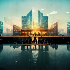Abstract painting about modern building and business people. Made by AI.