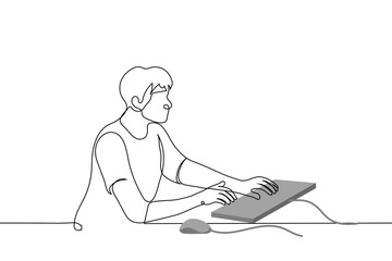 man typing on keyboard next to computer mouse - one line drawing vector. concept work at the computer
