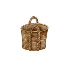 Watercolor illustration of a wicker basket isolated on a white background.