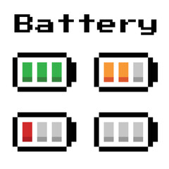 Battery charging process. Different Battery charge level. Set of pixel battery charge level indicators. Pixel art 8-bit. Vector Illustration