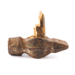 Old hammer and a broken handle isolated on a white background.