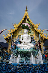 Wat Rong Suea Ten, better known as The Blue Temple, is located in Chiang Rai, a four-hour drive north of Chiang Mai. The temple statues and walls are decorated in a brilliant blue hue of sapphire.