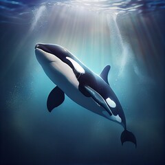 Orca underwater, photorealistic illustration generated by Ai - obrazy, fototapety, plakaty