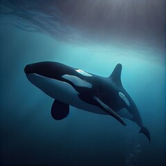 Orca underwater, photorealistic illustration generated by Ai - obrazy, fototapety, plakaty