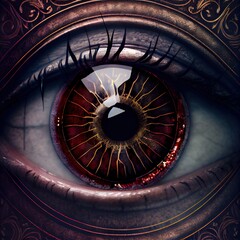 Abstract illustration in gothic style. Round ornate shape with realistic eye in the center. Ai generated