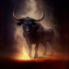 Gorgeous photorealistic black bull, Ai generated illustration - obrazy, fototapety, plakaty