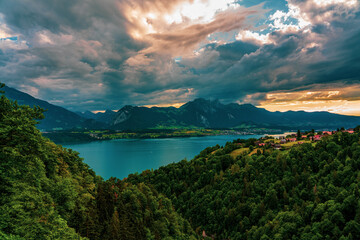 Fototapeta na wymiar Panoramic view of Lake Thun in Switzerland.