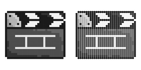 Pixel icon. Clapper board for shooting film in open position. Assistant director. Simple retro game vector isolated on white background