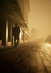Man in suit walks on sidewalk along buildings in a misty city. Rear view. 3D render.