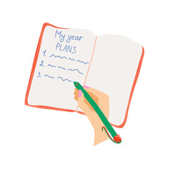 Hand with pen is writing plans in notebook.  Woman taking notes in notebook or filling planner. Hand drawn flat vector illustration isolated on white.